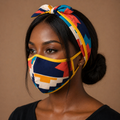 Geometric Kente Face Mask and matching headband set in navy, coral, pink and gold by Katawano